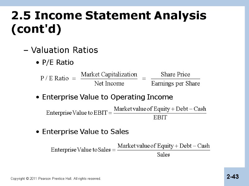 2.5 Income Statement Analysis (cont'd) Valuation Ratios P/E Ratio   Enterprise Value to
